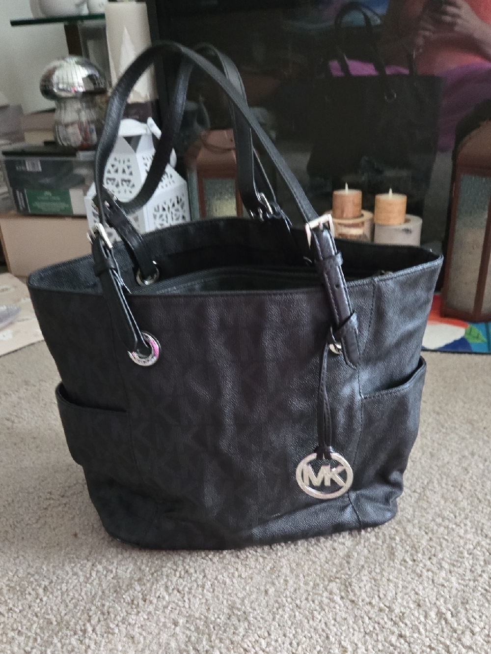 Michael Kors Black Signature Logo Tote with MK Charm